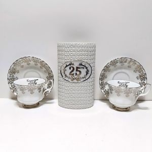 25th anniversary tea cups w/ saucer and vase